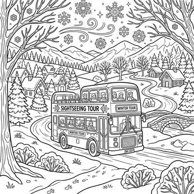 Hop aboard for a cozy winter adventure with this charming tour bus coloring page, specially designed for seniors. Enjoy crisp, clear outlines and a delightful snowy landscape perfect for a relaxing creative escape.