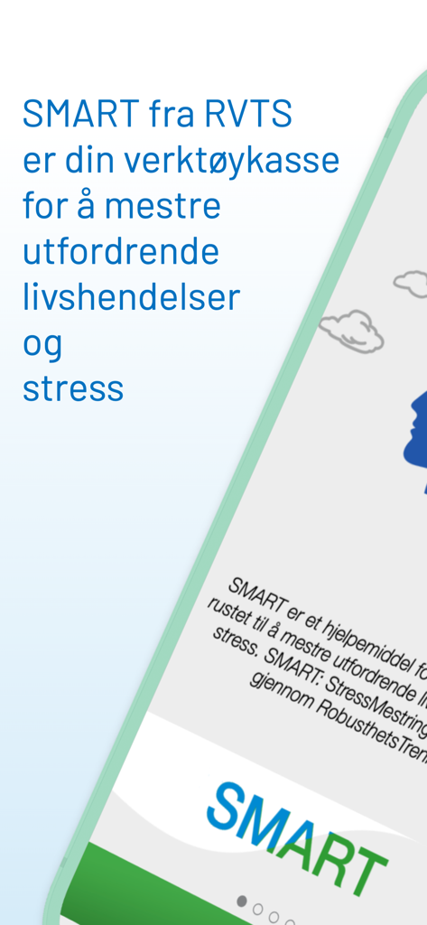SMART - verktøykasse fra RVTS - Einführungsbildschirm der SMART-App für Stressmanagement und Resilienztraining.