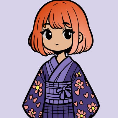 a girl with short hair with a kimono with hearts on it
