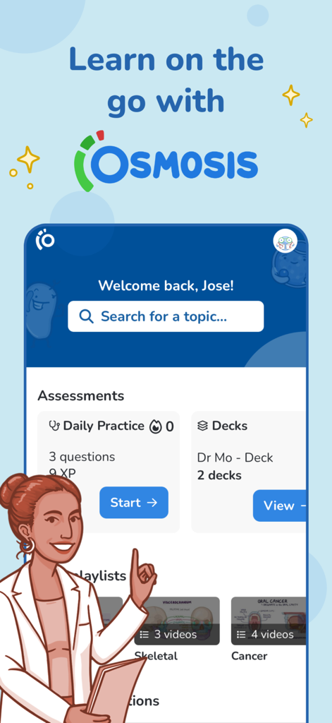 Osmosis医学部ノートアプリのホーム画面。毎日の練習クイズデッキと医学動画プレイリストが表示されている。