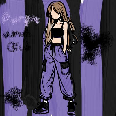 girl in baggy pants crop top and long hair