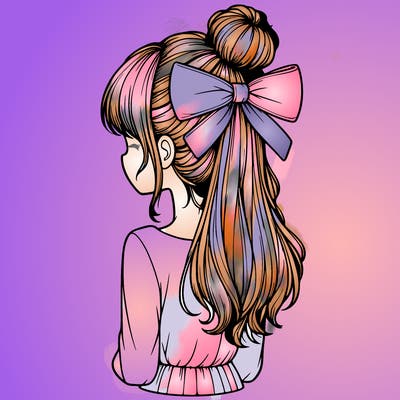 realistic girl  with hip length hair a bun and a big bow on the back of head