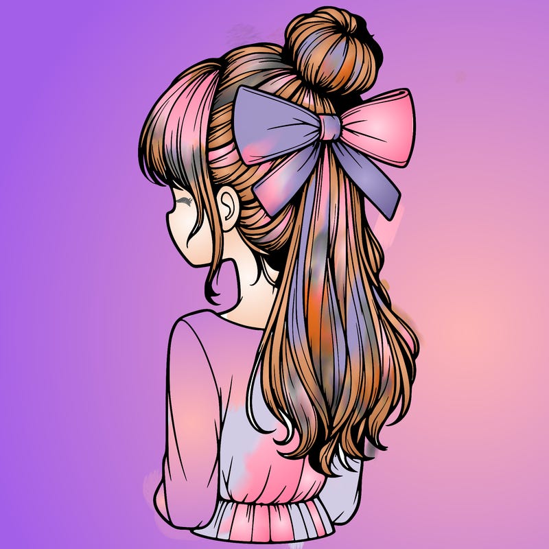 realistic girl  with hip length hair a bun and a big bow on the back of head