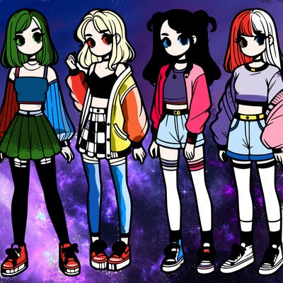 one girl with crop-top shirt and a jacket with a skirt, long socks and another girl with a shirt and pants with a jacket