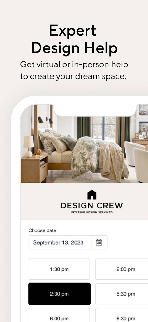Design Crew와 함께하는 Pottery Barn 전문가 인테리어 디자인 서비스 예약 화면