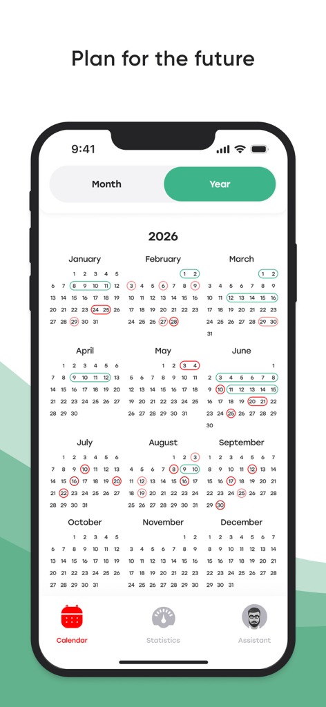SuperMe — Sober Tracker - Yearly calendar view in the SuperMe app showing drinking and sober days marked across several months.