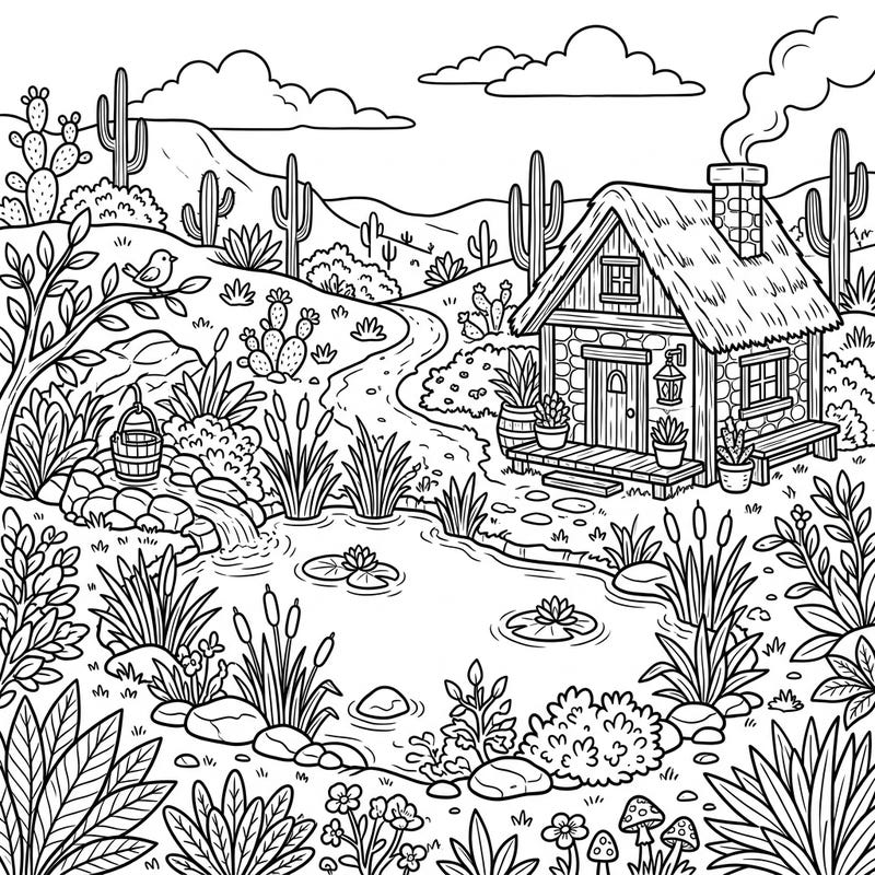 Immerse yourself in the serene beauty of a desert spring transformed by cozy cottagecore charm. This delightful coloring page features a quaint cabin nestled amidst lush flora and flowing water, offering a peaceful artistic escape.