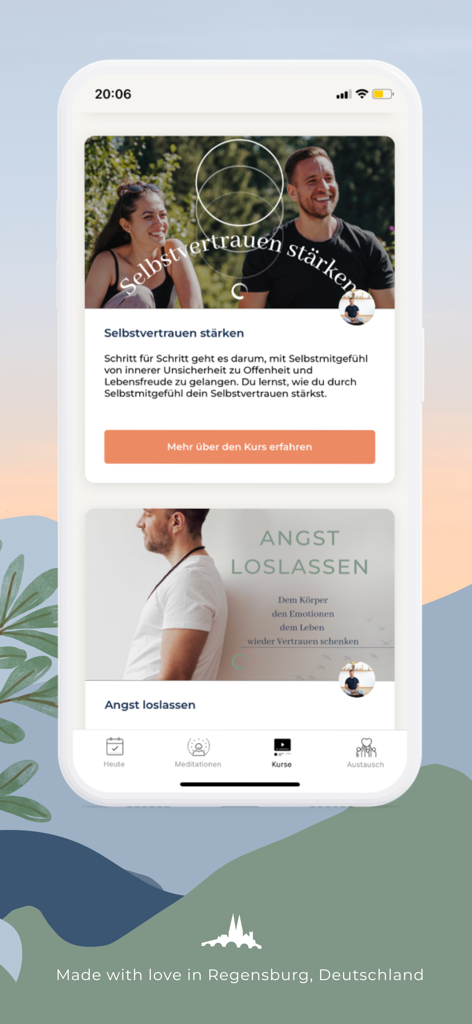 Achtsamkeitsakademie - Mobile App-Oberfläche der Achtsamkeitsakademie mit Kursen zur Steigerung des Selbstvertrauens und zur Linderung von Angstzuständen.