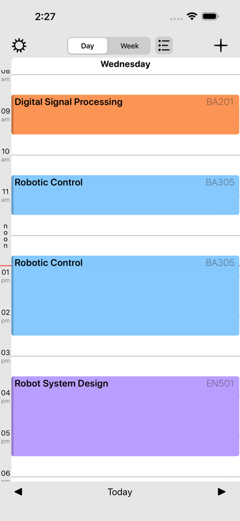 색상 코딩된 수업 블록이 있는 학생 시간표 앱의 일일 일정 보기