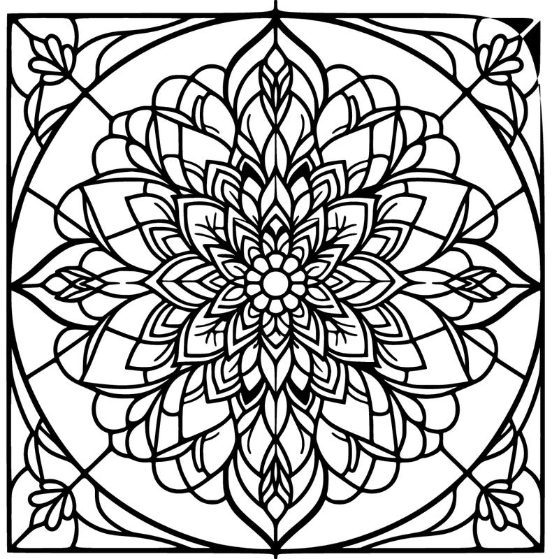 mandala flower design, stained glass window.