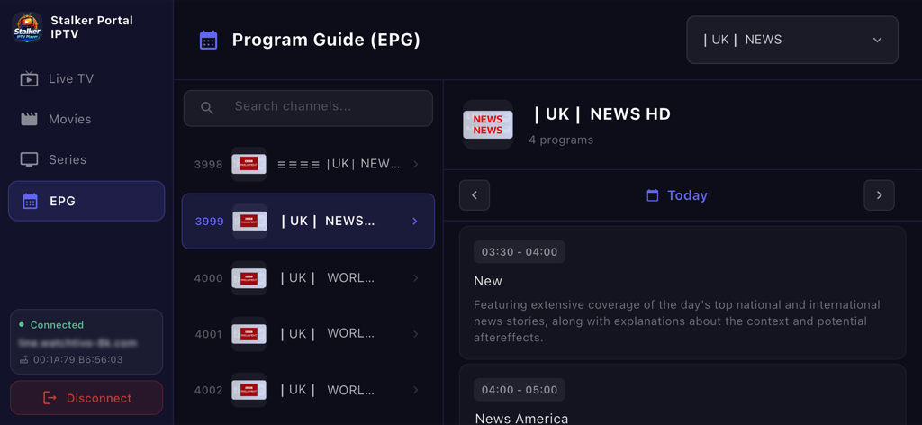 Electronic Program Guide interface on Stalker Portal IPTV showing news channel schedules