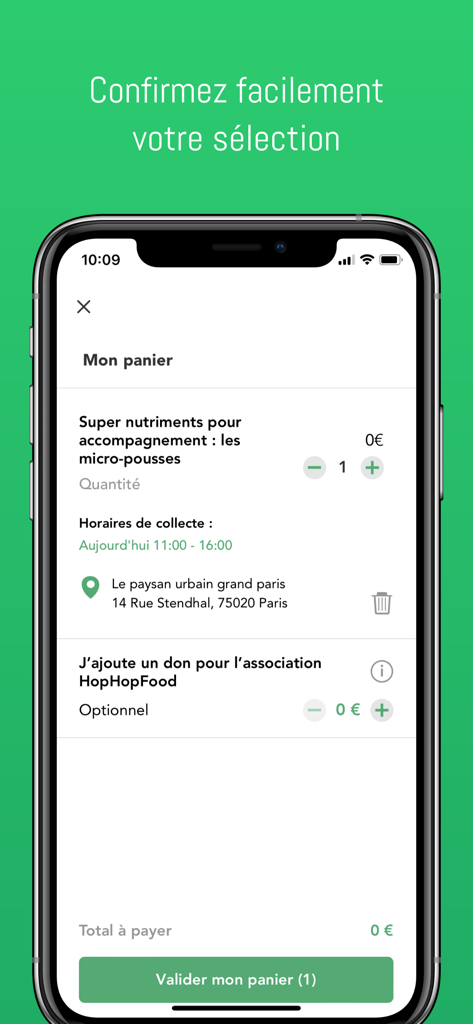 Interface da aplicação móvel HopHopFood mostrando um cesto de utilizador com itens de comida gratuita e informações de recolha.