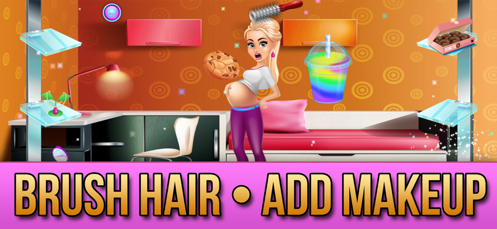 Pregnant mommy character in a room with a hairbrush and snacks featuring the text Brush Hair and Add Makeup