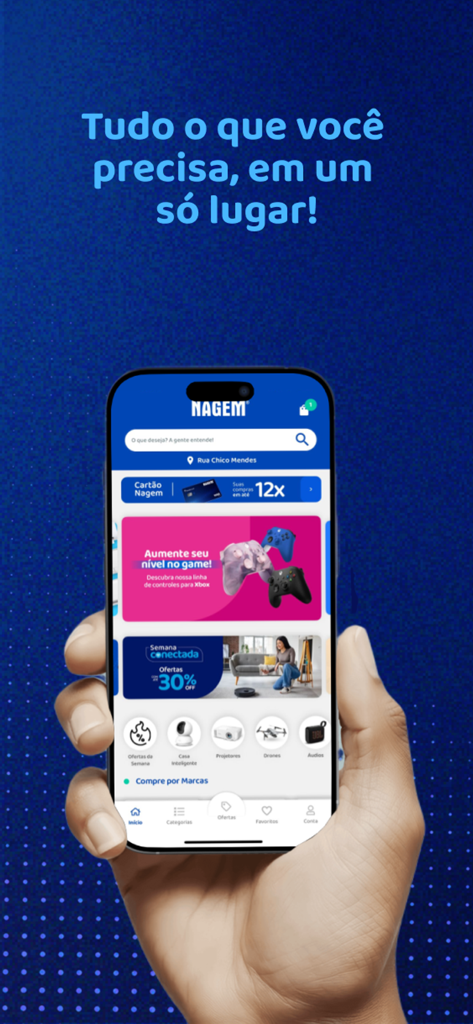 Nagem App - A hand holding a smartphone displaying the Nagem app home screen with electronics promotions and categories