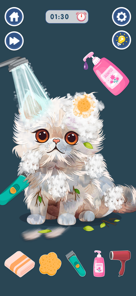 Mini Organizing Challenge Game - 편안한 그루밍 게임 레벨에서 비누와 샤워기로 씻겨지는 복슬복슬한 흰 고양이