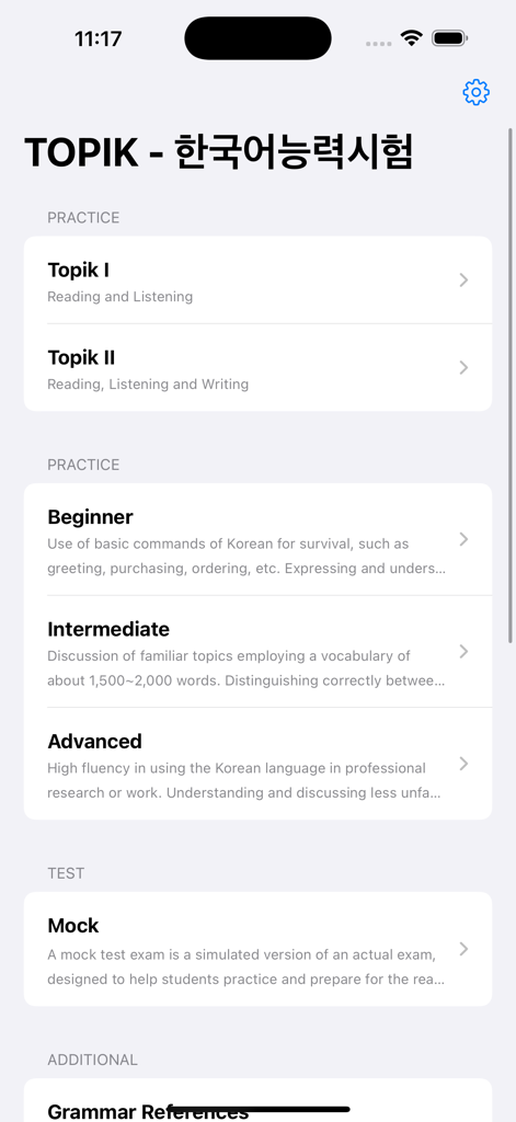 Main menu of TOPIK Korean exam prep app with practice levels and mock tests