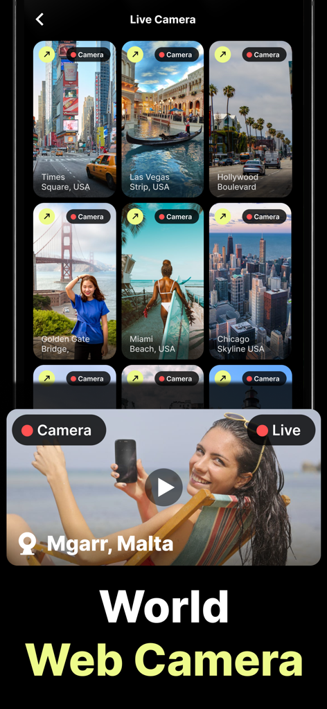 Interface de l'application Street View montrant des flux de caméras en direct de lieux célèbres dans le monde comme Times Square et Miami Beach