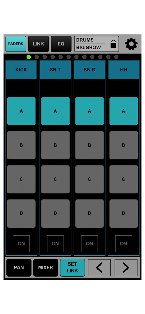 MyMon app interface for adjusting drum channel monitor levels