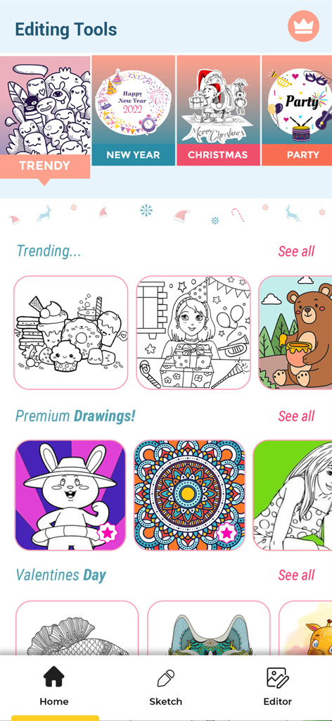 Drawing Apps Pencil Art apps - A mobile app interface displaying a gallery of digital coloring pages including mandalas and seasonal themes.