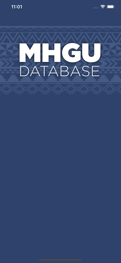 MHGU Database - Splash screen of the MHGU Database app featuring the logo over a blue tribal patterned background