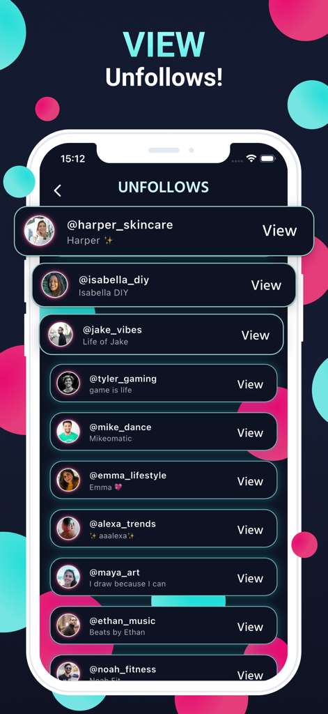 TrackTok: Tik Follower & Likes - Interface montrant une liste des désabonnés récents sur une application de suivi de profil TikTok