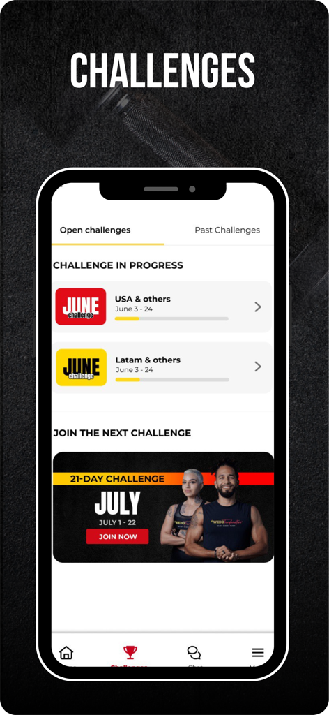 WEDO Transformations - App mobile WEDO Transformations che mostra le sfide di giugno in corso e un'imminente sfida fitness di 21 giorni a luglio con personal trainer.
