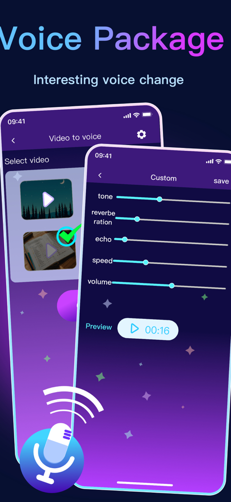 Magic Voice Changer - Effects - Interface of the Magic Voice Changer app showing custom sliders for tone, echo, and speed voice adjustments.