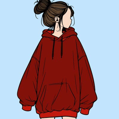 realistic girl with a oversized sweatshirt on and a bun
