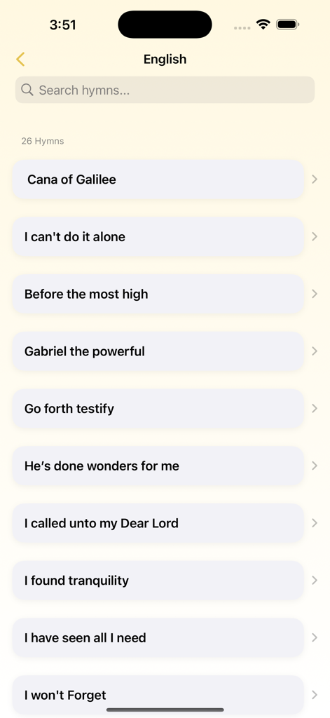EOTC hymns - A list of English hymns in the EOTC hymns app including titles like Cana of Galilee and Gabriel the powerful.