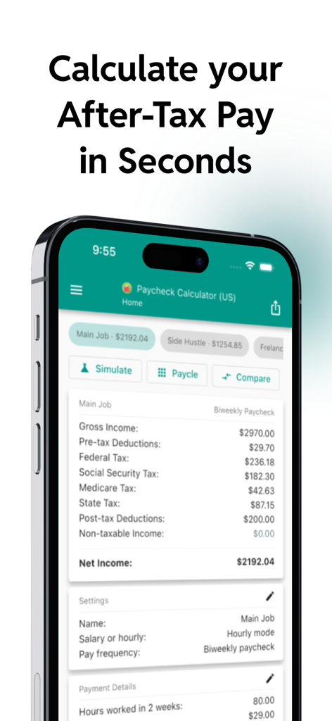 Paycheck Calculator US - Pay44 - Smartphone showing a detailed after-tax paycheck calculation in the Pay44 app