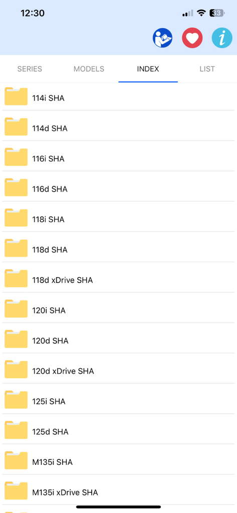 Bimma EWD - Wiring Diagrams - Bimma EWD app screen showing an index of BMW models with file folders