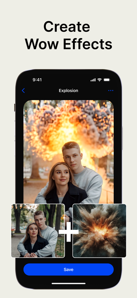 Kling: AI Video Reel Maker - Interfaz de la aplicación Kling mostrando un efecto de explosión generado por IA aplicado a una foto de una pareja.