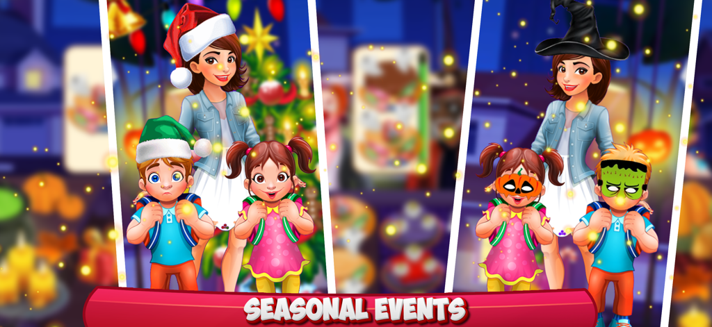 Seasonal event characters featuring Christmas and Halloween costumes in Cooking Mastery game