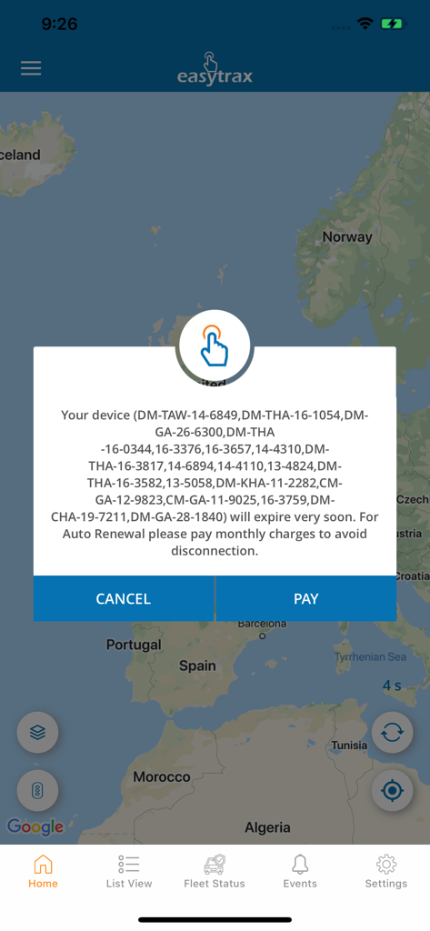 Easytrax GPS Tracking - Ein Popup für die Abonnementerneuerung auf der Kartenoberfläche der Easytrax GPS-Ortungs-App