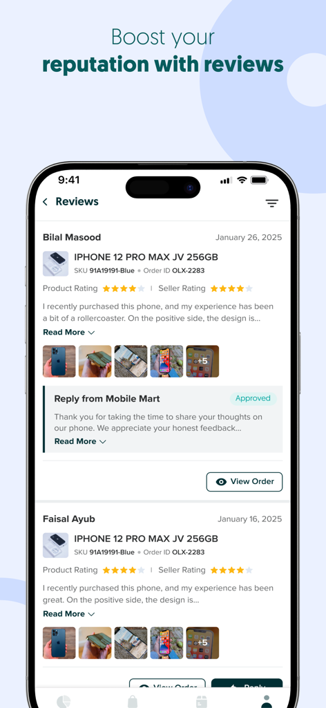 Ein Bildschirm einer mobilen App zeigt Kundenrezensionen und Bewertungen für Produkte mit der Option für den Verkäufer, zu antworten und seinen Ruf zu verbessern.