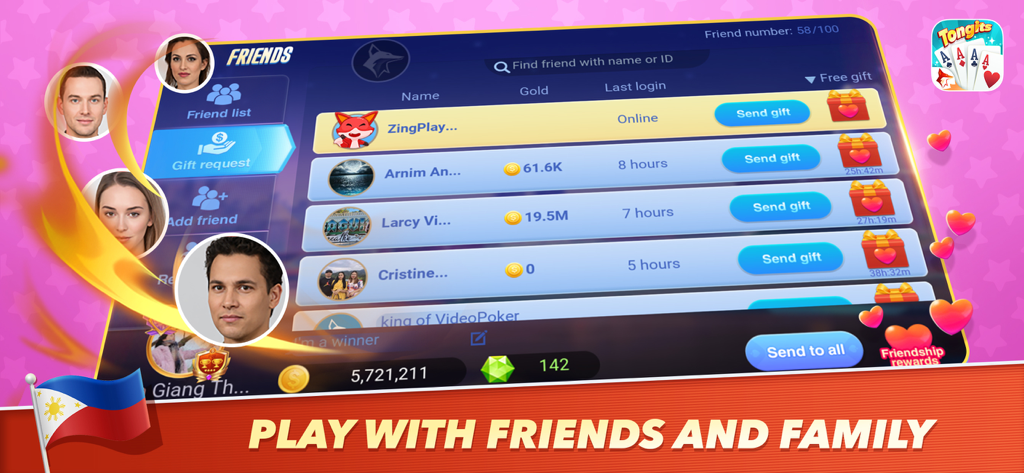 Tongits ZingPlay card game friends list and gift sending menu