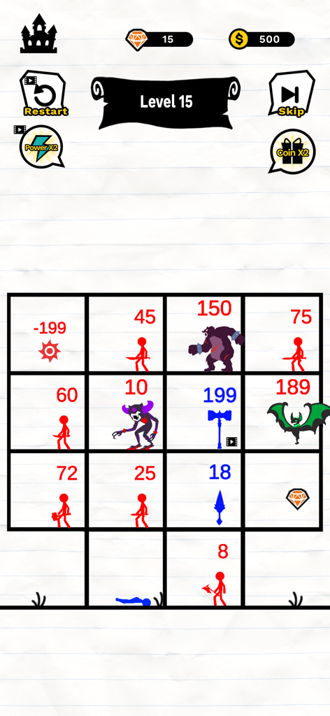Stick Battle: Mighty Tower War - Stick Battle Mighty Tower War gameplay screen showing a math based stickman strategy puzzle grid