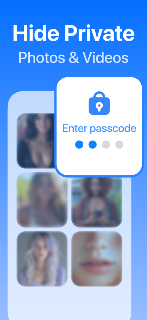 iCleaner Kit - Free Up Storage - Un'interfaccia di app mobile che mostra una schermata di inserimento del passcode per nascondere foto e video privati