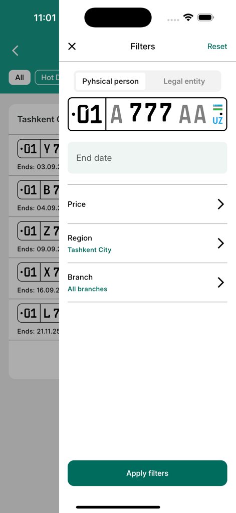 Avtoraqam - Filtros de búsqueda para subastas de matrículas de coche en la aplicación Avtoraqam mostrando opciones para entidades físicas o jurídicas y regiones.