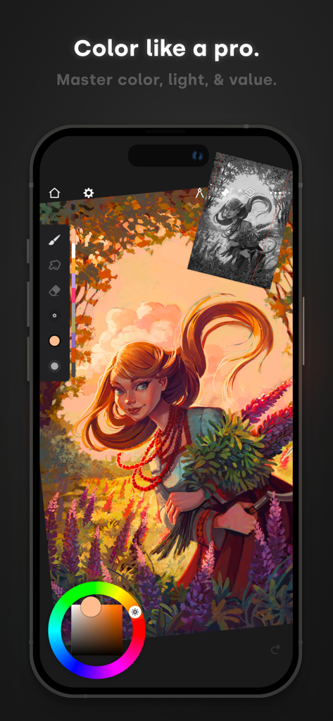 Digital illustration of a woman in a field of flowers using Infinite Painter on an iPhone featuring a color wheel and reference image