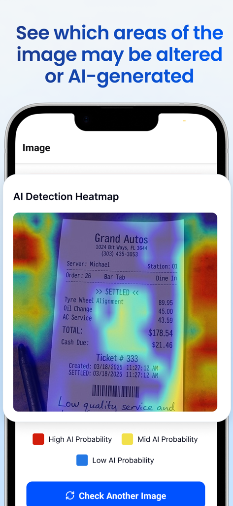 TruthScan app screenshot showing an AI detection heatmap analyzing a receipt for potential manipulation.