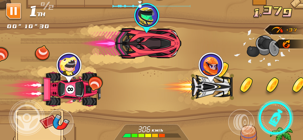 Racing Car Games for Kids - Three colorful cartoon cars racing on a sandy desert track with gold coins and power-ups