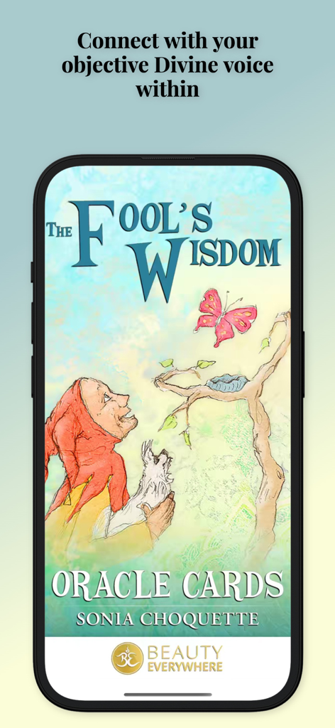 The Fools Wisdom Oracle Cards app home screen featuring the Fool archetype illustration by Sonia Choquette