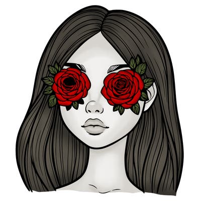 a realistic girl with roses for eyes