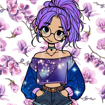 girl with a messy ponytail glasses a baggy crop top and jean shorts