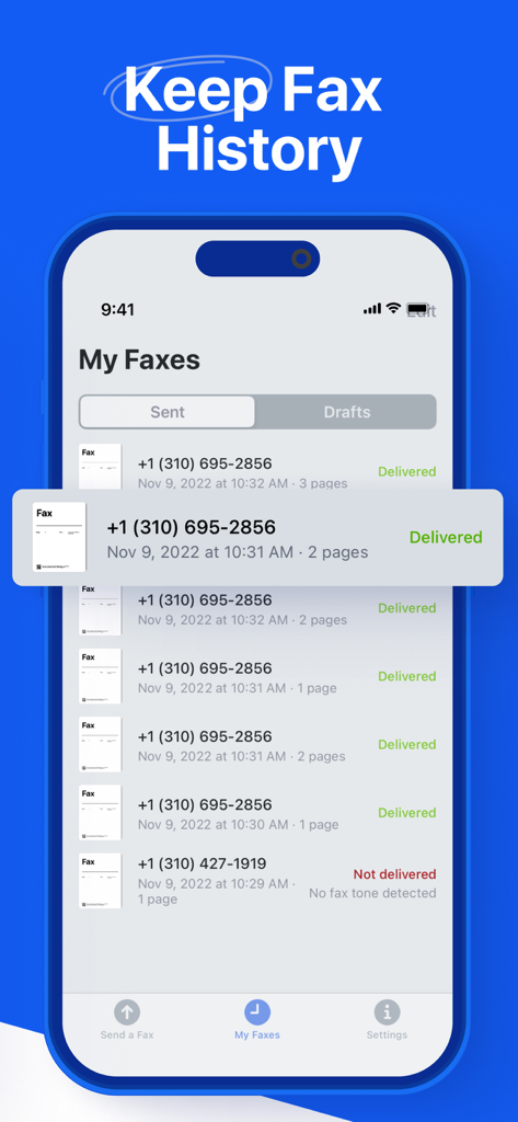 Pantalla de la aplicación móvil que muestra una lista de faxes enviados con estado de entrega y marcas de tiempo