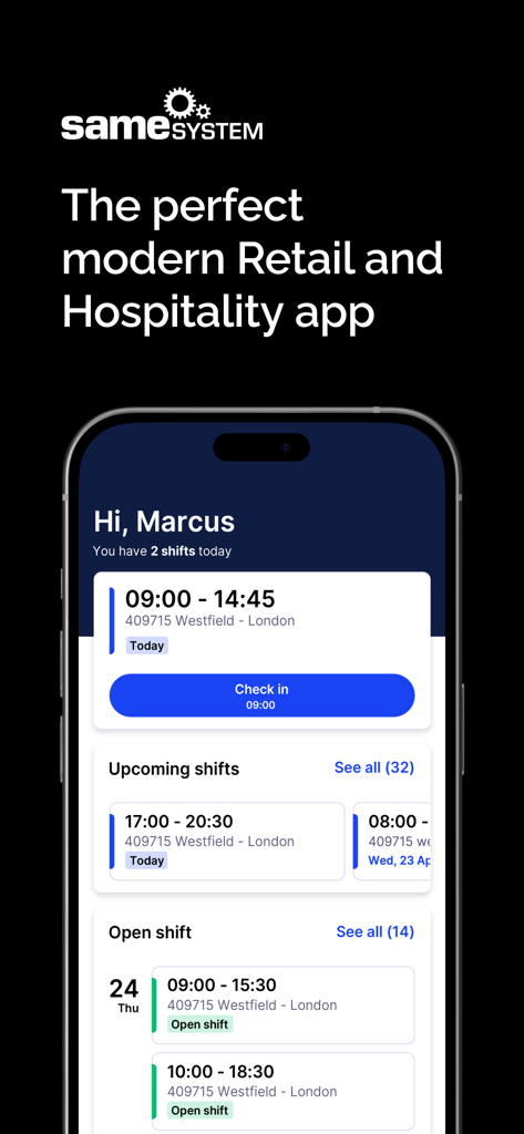 SameSystem - Mobile app interface for SameSystem displaying shift schedules and a check-in button for workforce management.