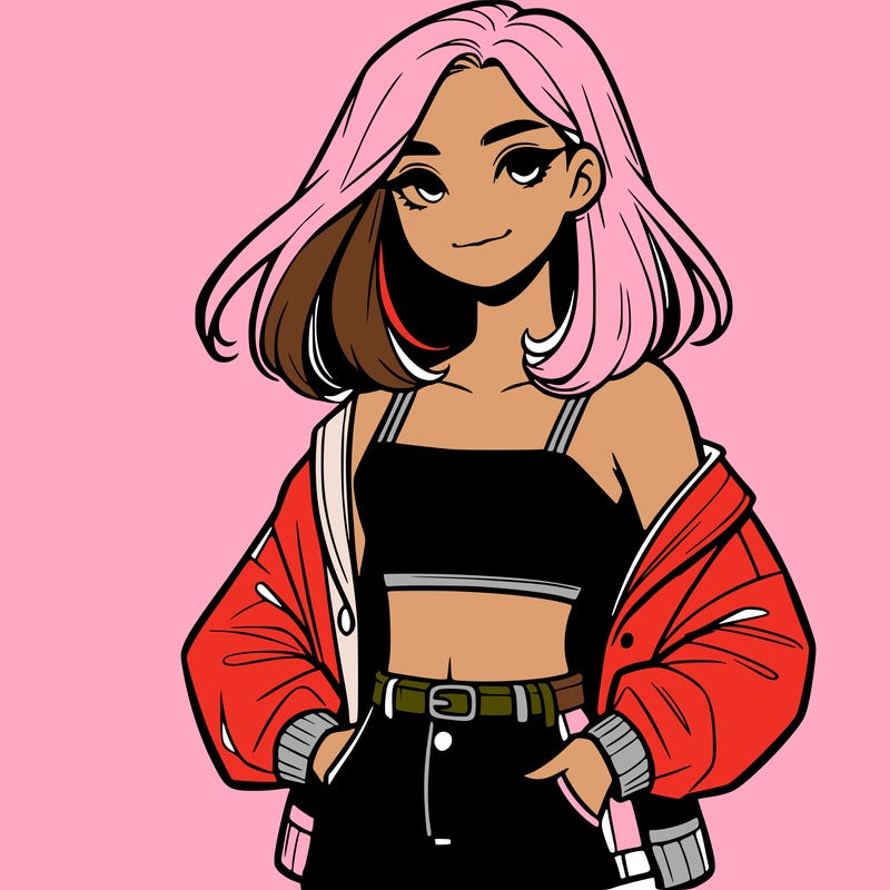 a realistic girl with a crop top and short shorts in an open jacket