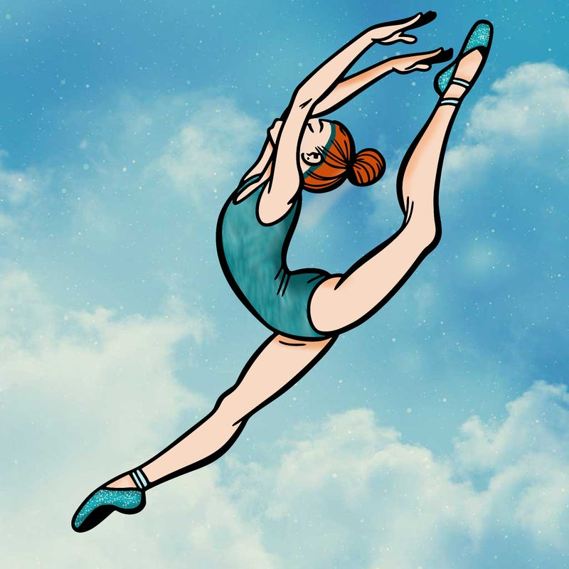 gymnast doing a leap in a leotard with a bent back leg