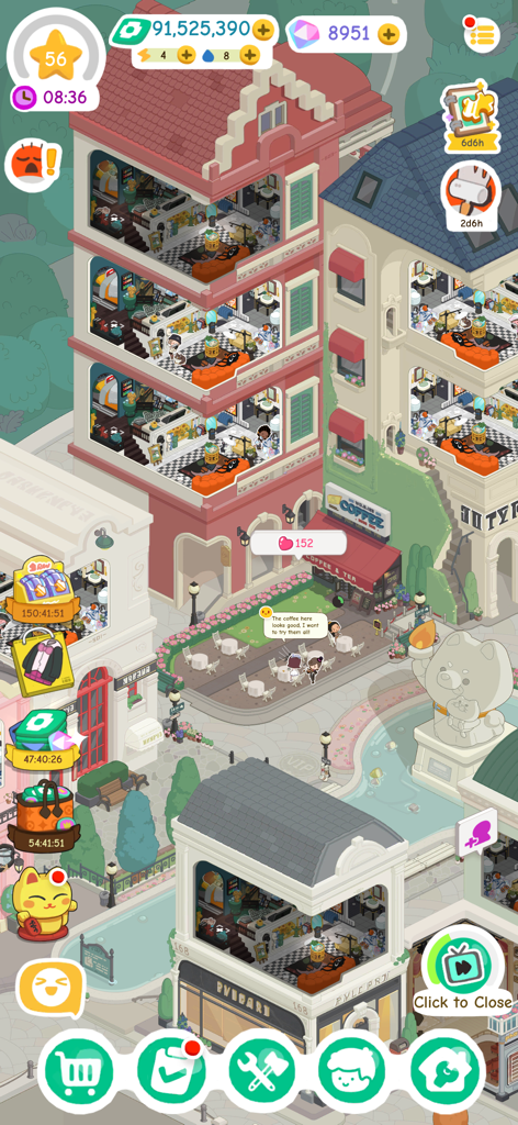 Un vibrante paisaje urbano en Rent Please Landlord Sim con apartamentos de varios pisos y una cafetería al aire libre.